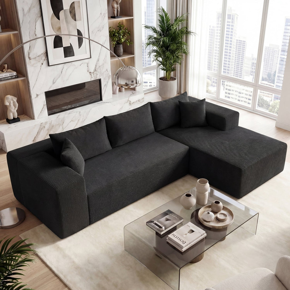 Modular L-Shaped Corduroy Sectional Sofa - Black 4-Seater-Sofas & Loveseats-DECOROLALA