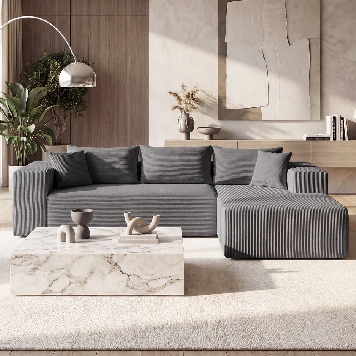 Modular L-Shaped Corduroy Sectional Sofa - Gray 4-Seater-Sofas & Loveseats-DECOROLALA
