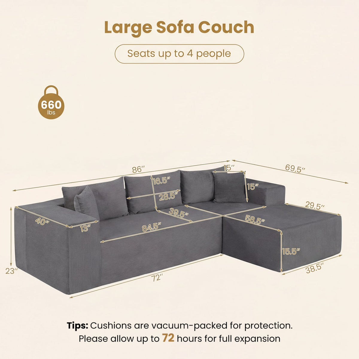 Modular L-Shaped Corduroy Sectional Sofa - Gray 4-Seater-Sofas & Loveseats-DECOROLALA