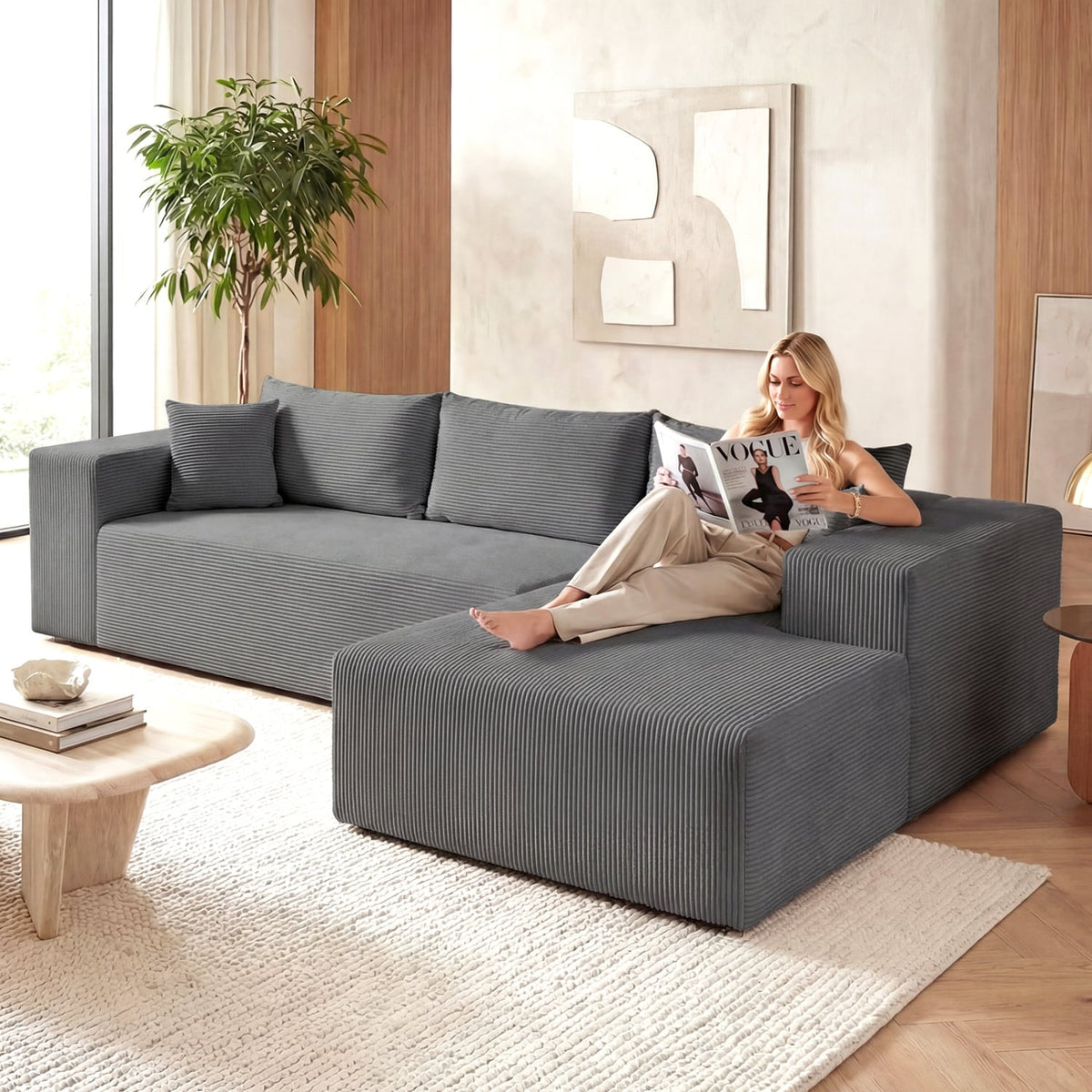 Modular L-Shaped Corduroy Sectional Sofa - Gray 4-Seater-Sofas & Loveseats-DECOROLALA