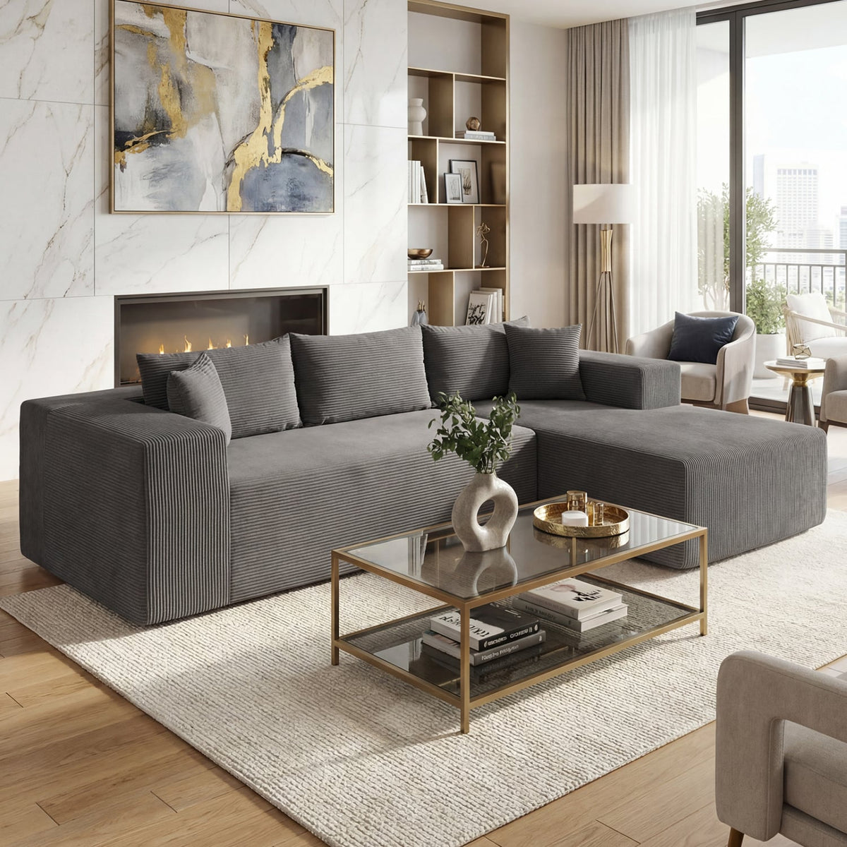 Modular L-Shaped Corduroy Sectional Sofa - Gray 4-Seater-Sofas & Loveseats-DECOROLALA