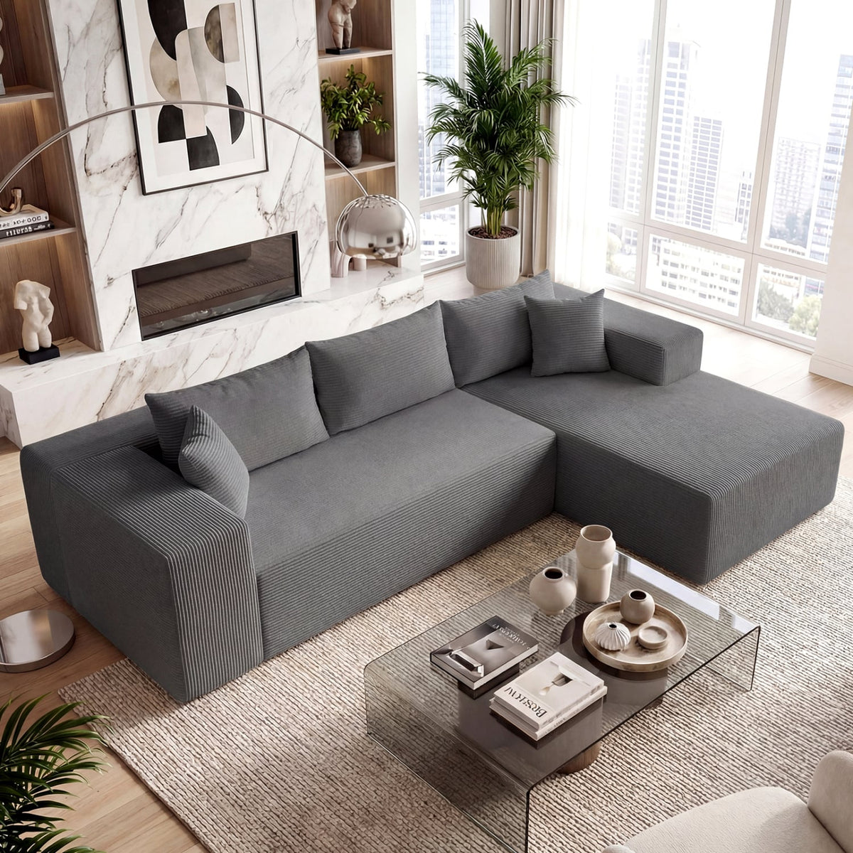 Modular L-Shaped Corduroy Sectional Sofa - Gray 4-Seater-Sofas & Loveseats-DECOROLALA