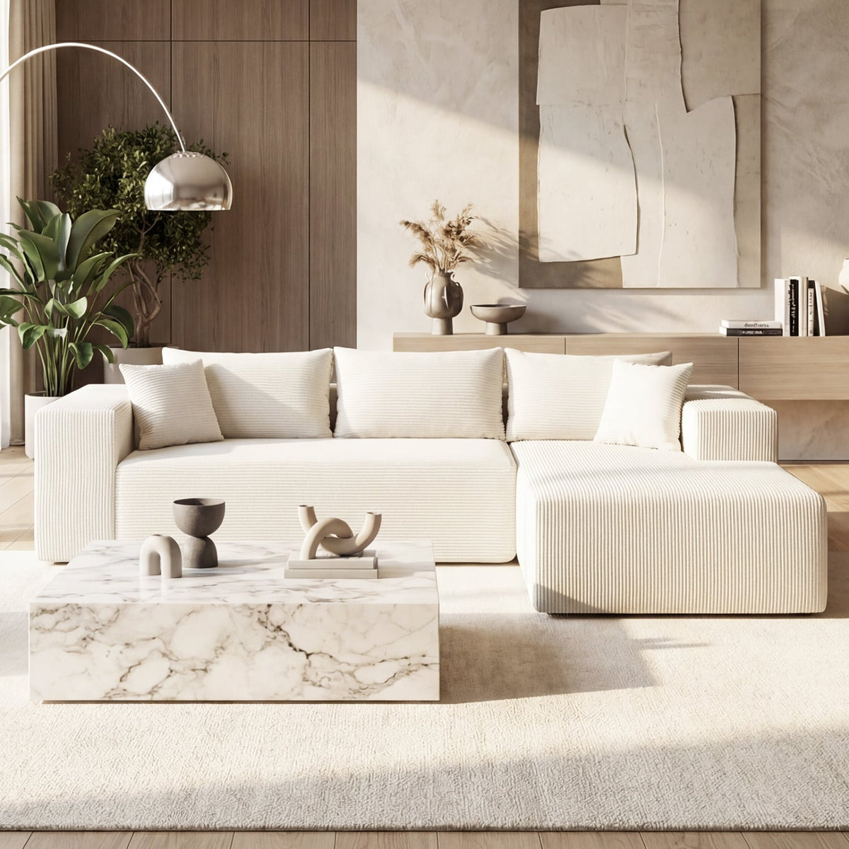 Modular L-Shaped Sectional Sofa - Beige Corduroy 4-Seater Couch-Sofas & Loveseats-DECOROLALA