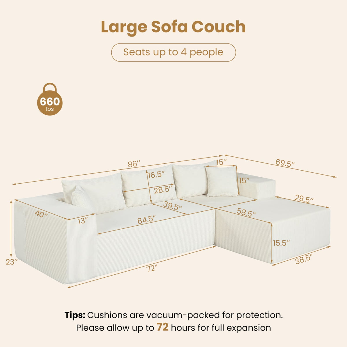 Modular L-Shaped Sectional Sofa - Beige Corduroy 4-Seater Couch-Sofas & Loveseats-DECOROLALA