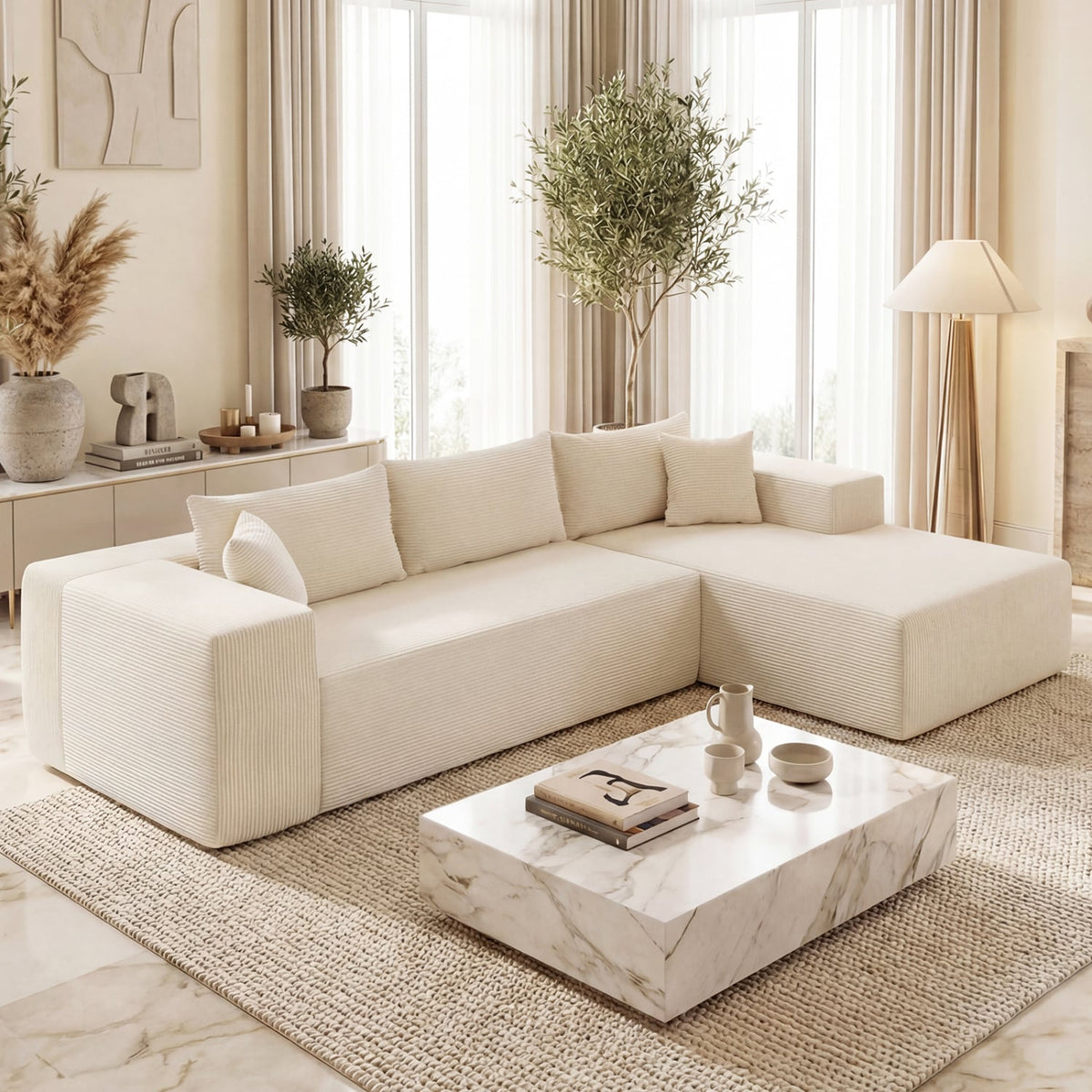 Modular L-Shaped Sectional Sofa - Beige Corduroy 4-Seater Couch-Sofas & Loveseats-DECOROLALA