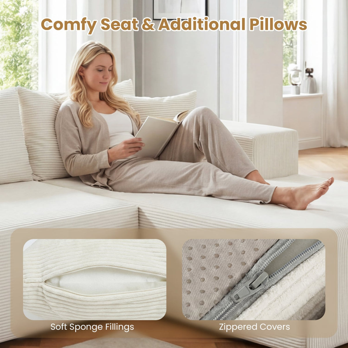 Modular L-Shaped Sectional Sofa - Beige Corduroy 4-Seater Couch-Sofas & Loveseats-DECOROLALA