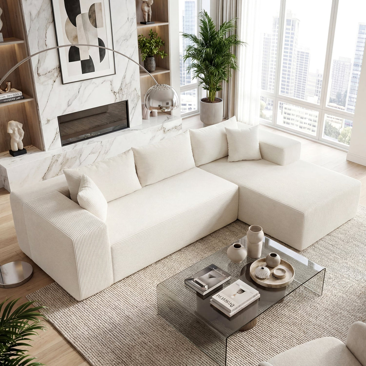 Modular L-Shaped Sectional Sofa - Beige Corduroy 4-Seater Couch-Sofas & Loveseats-DECOROLALA