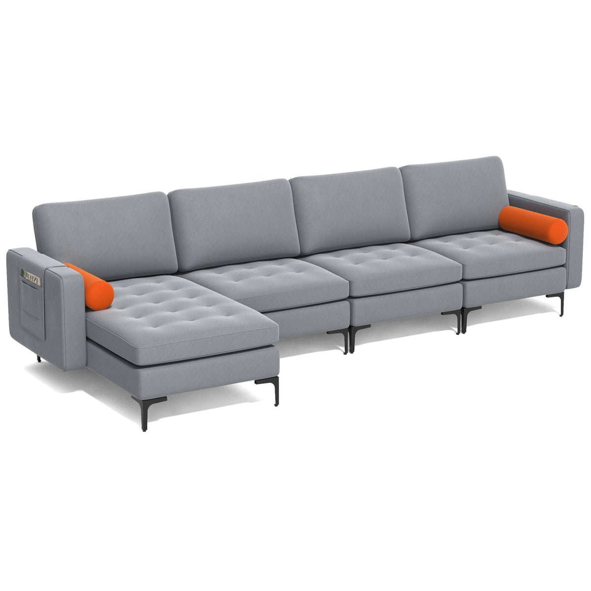 Modular L-Shaped Sectional Sofa - Gray Suede 4-Seat with USB Ports-Sofas & Loveseats-DECOROLALA