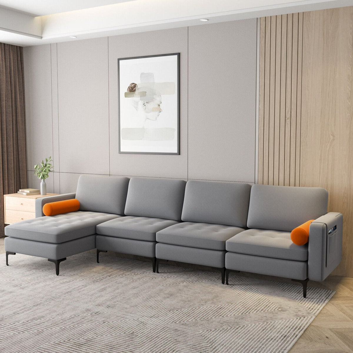 Modular L-Shaped Sectional Sofa - Gray Suede 4-Seat with USB Ports-Sofas & Loveseats-DECOROLALA