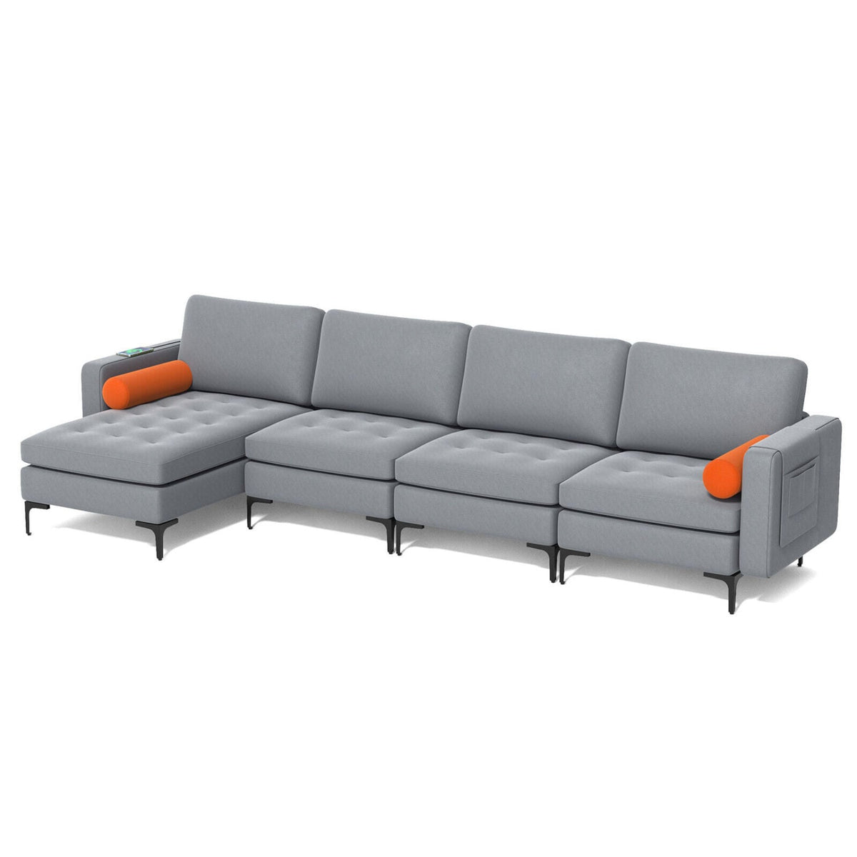 Modular L-Shaped Sectional Sofa - Gray Suede 4-Seat with USB Ports-Sofas & Loveseats-DECOROLALA