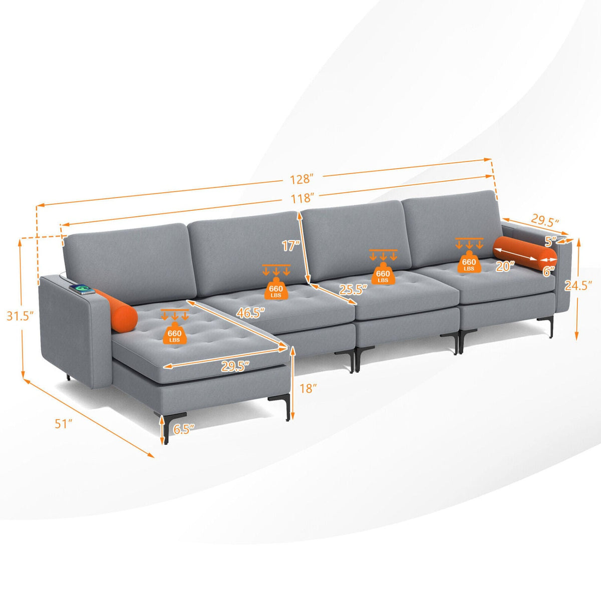 Modular L-Shaped Sectional Sofa - Gray Suede 4-Seat with USB Ports-Sofas & Loveseats-DECOROLALA