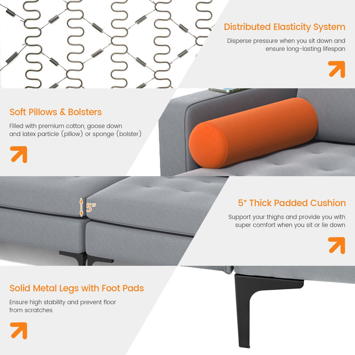 Modular L-Shaped Sectional Sofa - Gray Suede 4-Seat with USB Ports-Sofas & Loveseats-DECOROLALA