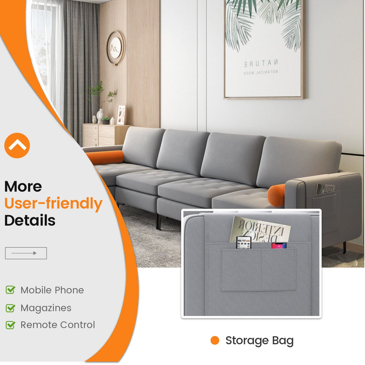 Modular L-Shaped Sectional Sofa - Gray Suede 4-Seat with USB Ports-Sofas & Loveseats-DECOROLALA
