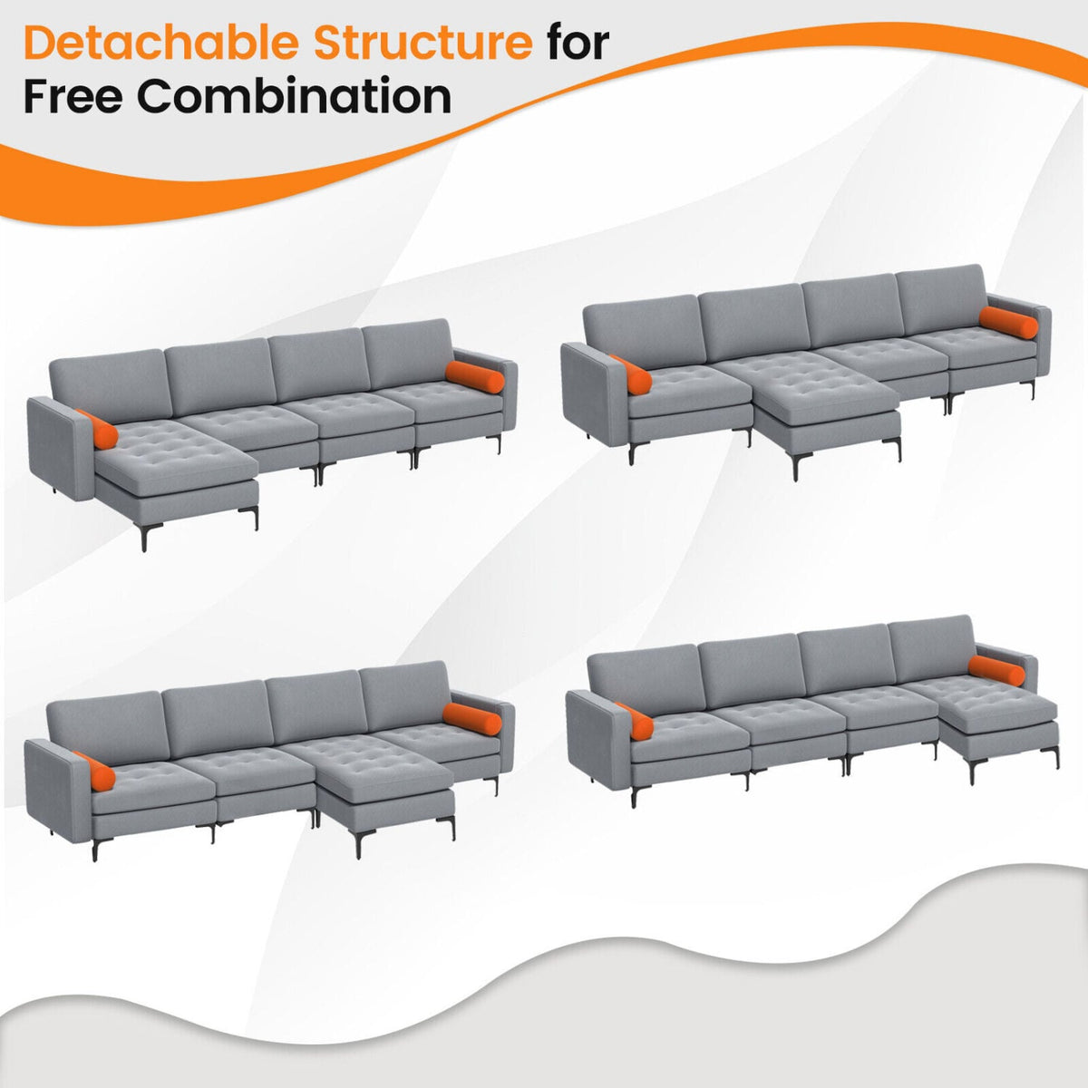Modular L-Shaped Sectional Sofa - Gray Suede 4-Seat with USB Ports-Sofas & Loveseats-DECOROLALA
