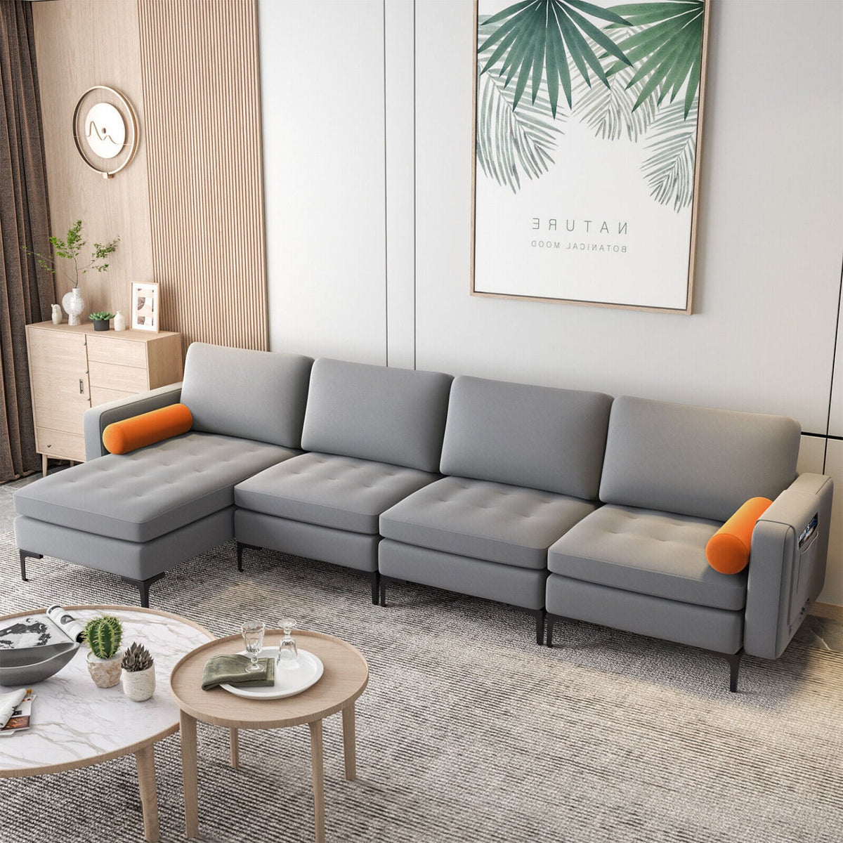 Modular L-Shaped Sectional Sofa - Gray Suede 4-Seat with USB Ports-Sofas & Loveseats-DECOROLALA
