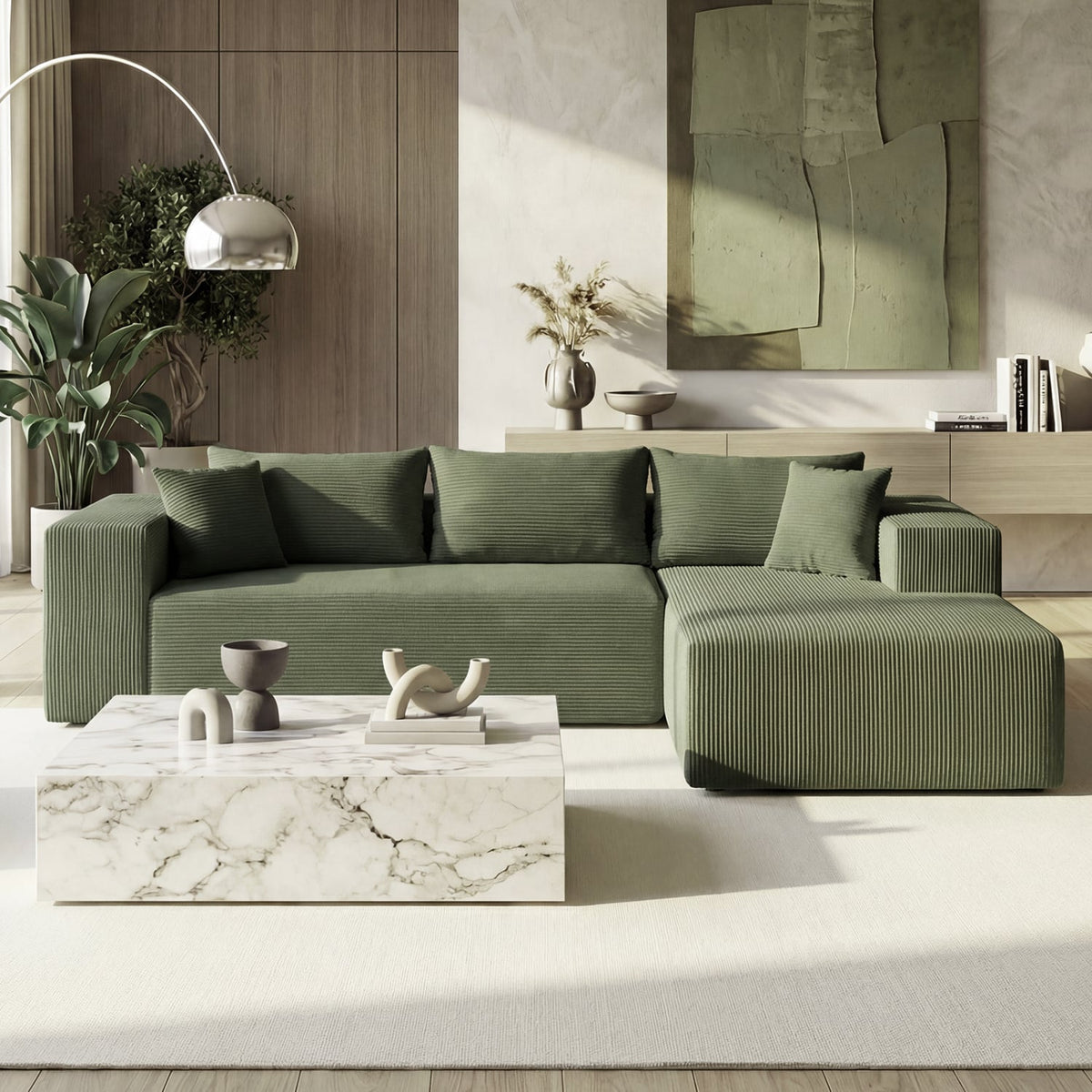 Modular L-Shaped Sectional Sofa - Green Corduroy 4-Seat Couch-Sofas & Loveseats-DECOROLALA