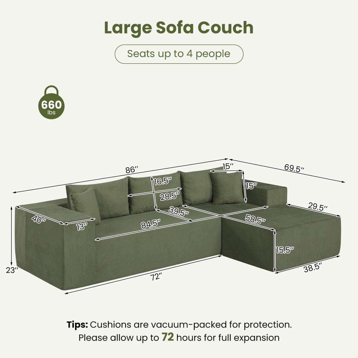 Modular L-Shaped Sectional Sofa - Green Corduroy 4-Seat Couch-Sofas & Loveseats-DECOROLALA