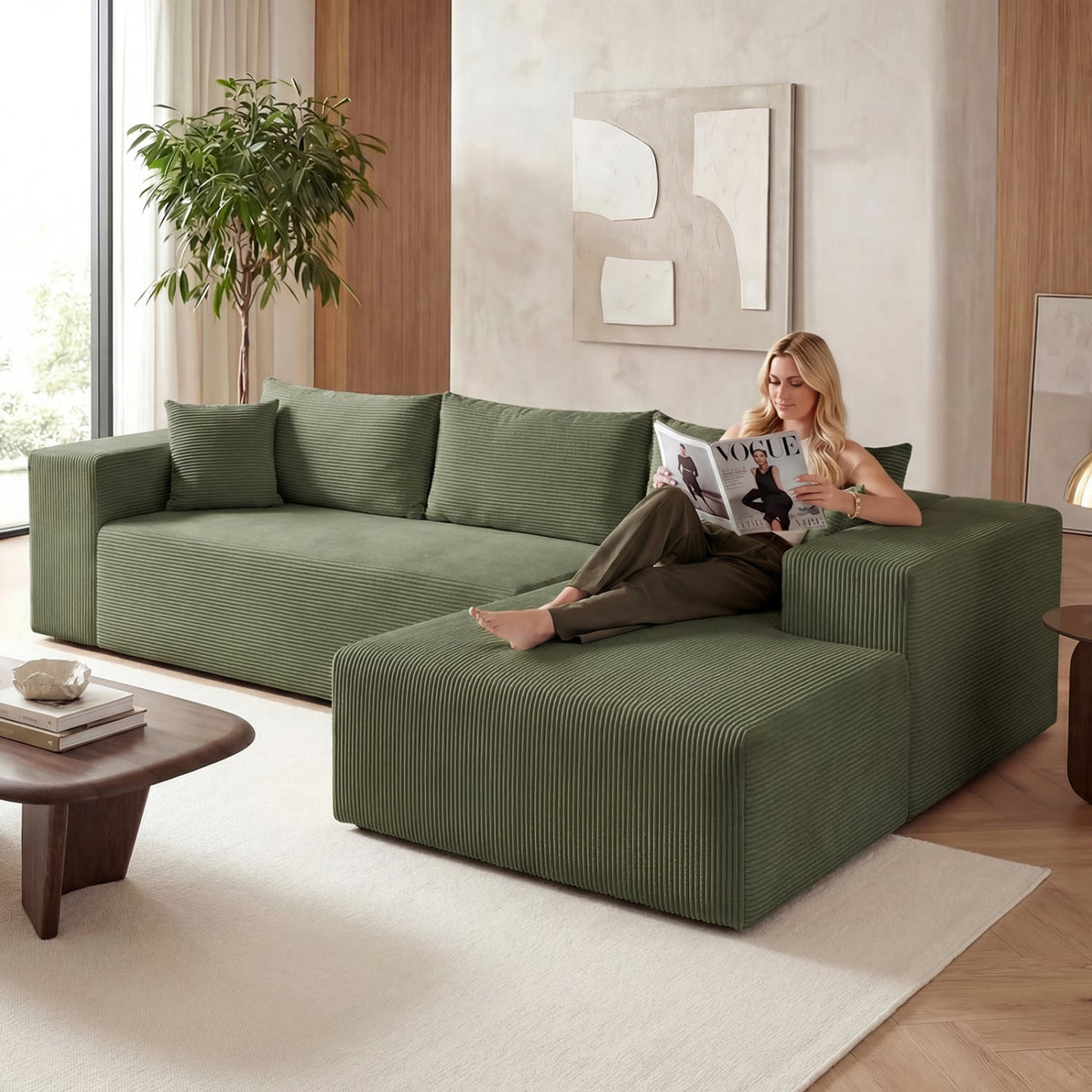 Modular L-Shaped Sectional Sofa - Green Corduroy 4-Seat Couch-Sofas & Loveseats-DECOROLALA