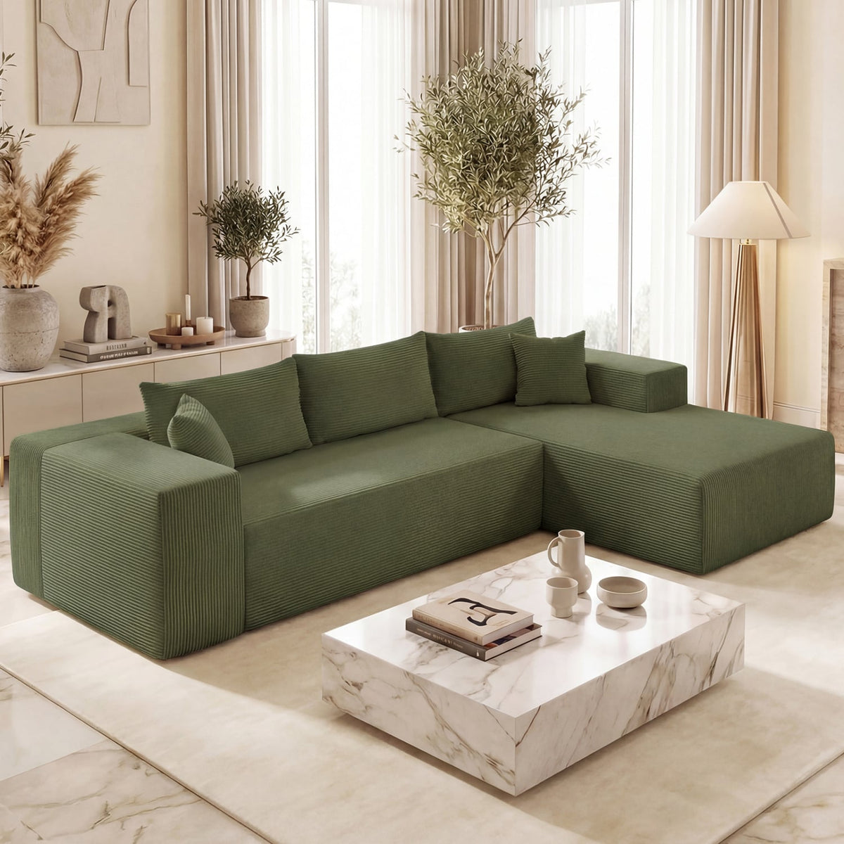 Modular L-Shaped Sectional Sofa - Green Corduroy 4-Seat Couch-Sofas & Loveseats-DECOROLALA