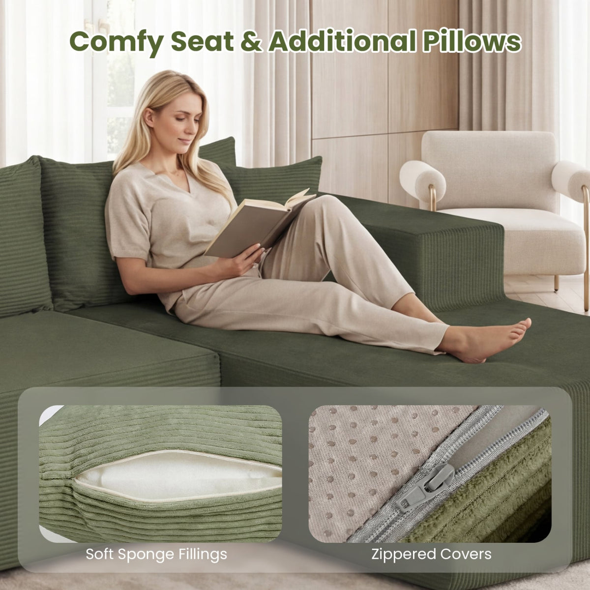 Modular L-Shaped Sectional Sofa - Green Corduroy 4-Seat Couch-Sofas & Loveseats-DECOROLALA