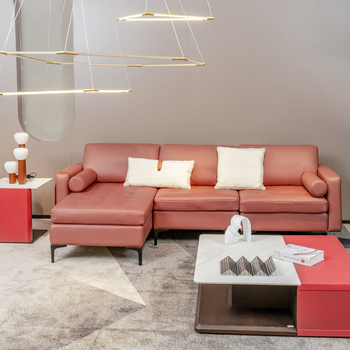 Modular L-Shaped Sectional Sofa - Pink Suede with USB Ports-Sofas & Loveseats-DECOROLALA