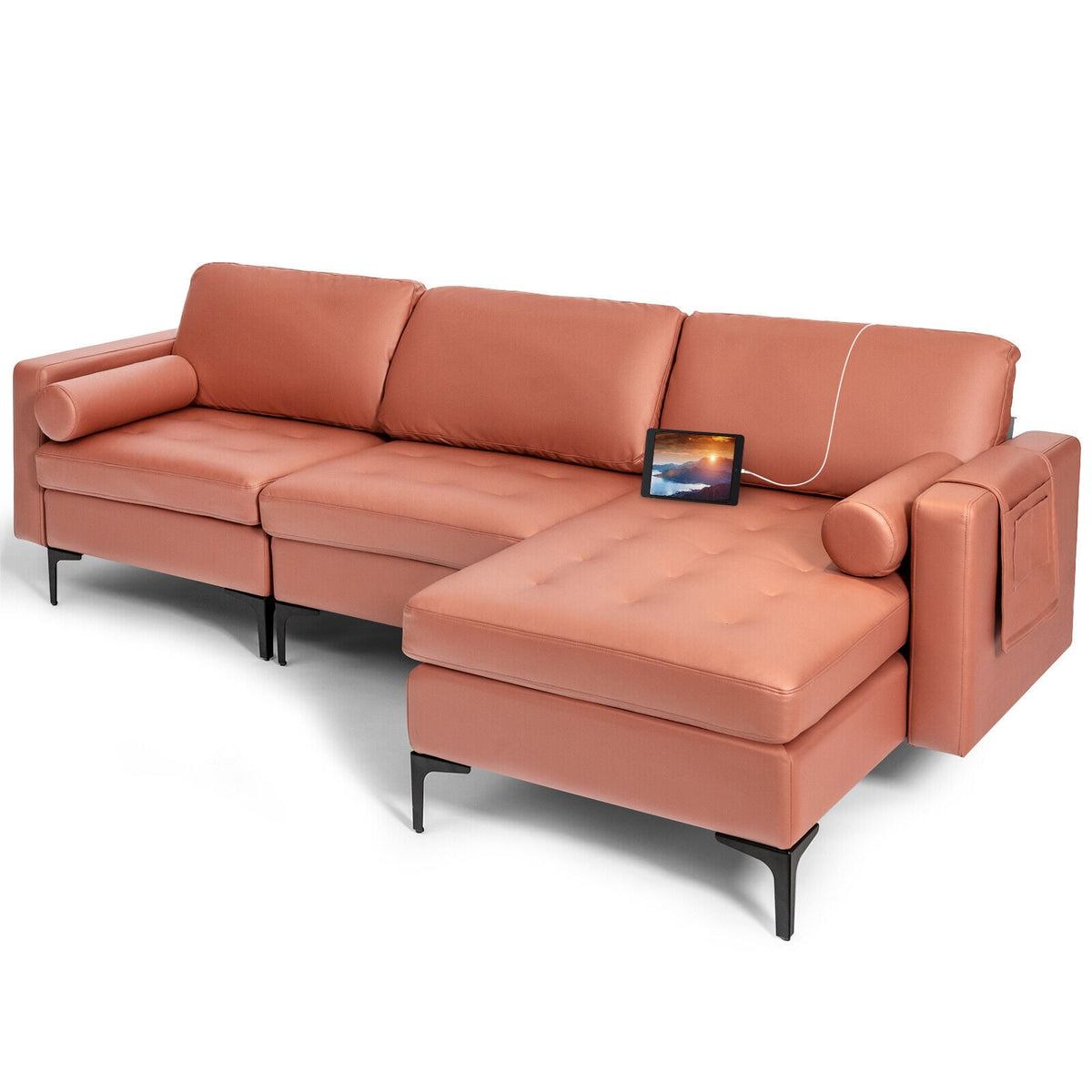 Modular L-Shaped Sectional Sofa - Pink Suede with USB Ports-Sofas & Loveseats-DECOROLALA