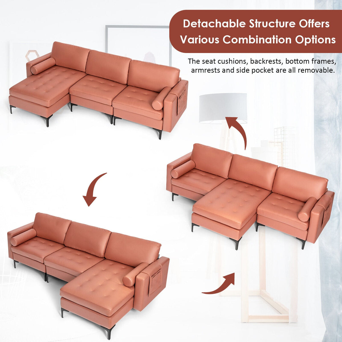 Modular L-Shaped Sectional Sofa - Pink Suede with USB Ports-Sofas & Loveseats-DECOROLALA
