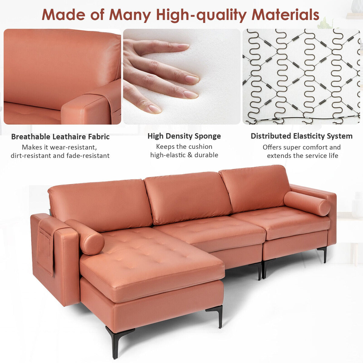 Modular L-Shaped Sectional Sofa - Pink Suede with USB Ports-Sofas & Loveseats-DECOROLALA