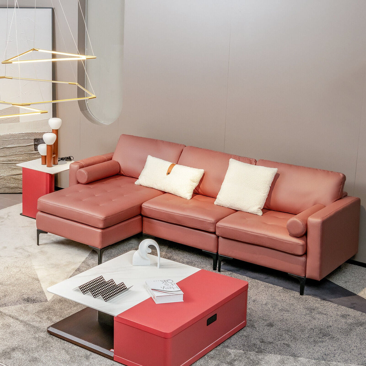 Modular L-Shaped Sectional Sofa - Pink Suede with USB Ports-Sofas & Loveseats-DECOROLALA