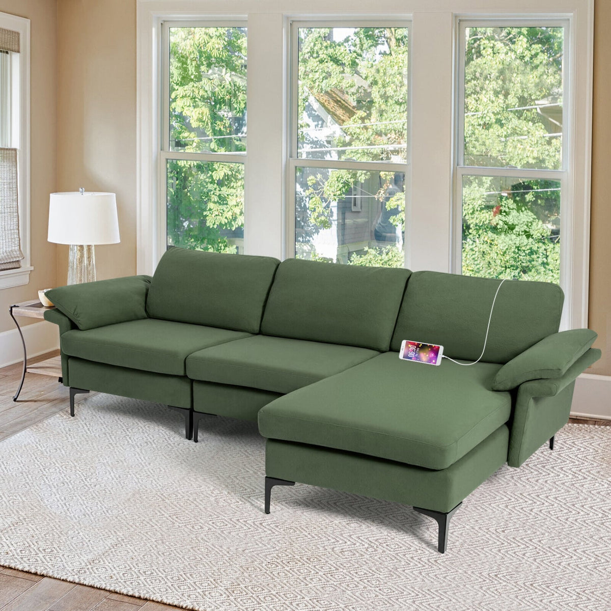 Modular L-Shaped Sectional Sofa with Storage & USB - Army Green-Sofas & Loveseats-DECOROLALA