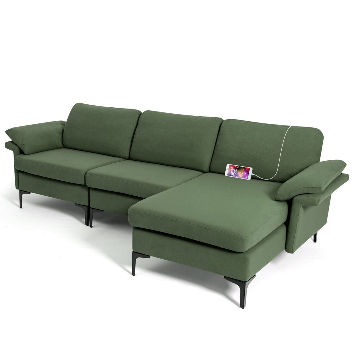 Modular L-Shaped Sectional Sofa with Storage & USB - Army Green-Sofas & Loveseats-DECOROLALA