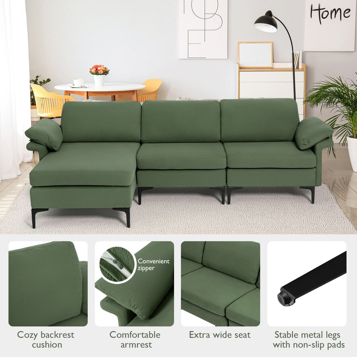 Modular L-Shaped Sectional Sofa with Storage & USB - Army Green-Sofas & Loveseats-DECOROLALA
