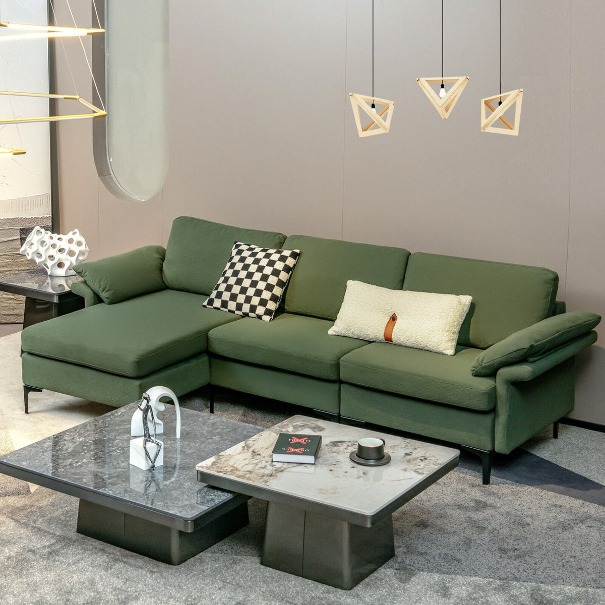 Modular L-Shaped Sectional Sofa with Storage & USB - Army Green-Sofas & Loveseats-DECOROLALA
