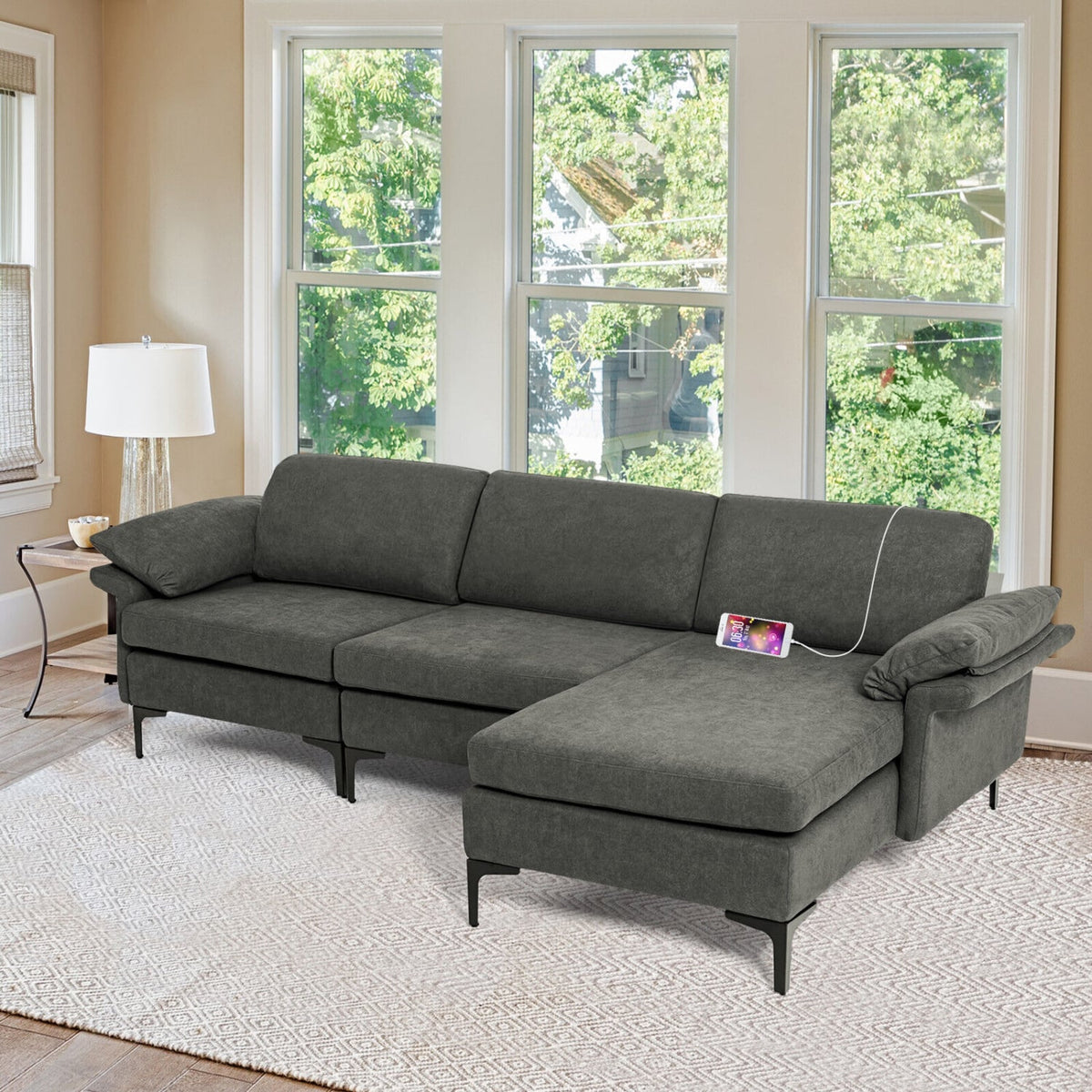 Modular L-Shaped Sectional Sofa with Storage & USB - Gray 100"-Sofas & Loveseats-DECOROLALA