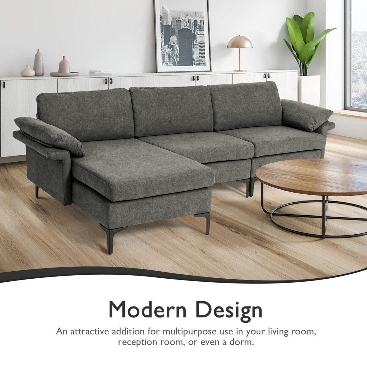 Modular L-Shaped Sectional Sofa with Storage & USB - Gray 100"-Sofas & Loveseats-DECOROLALA