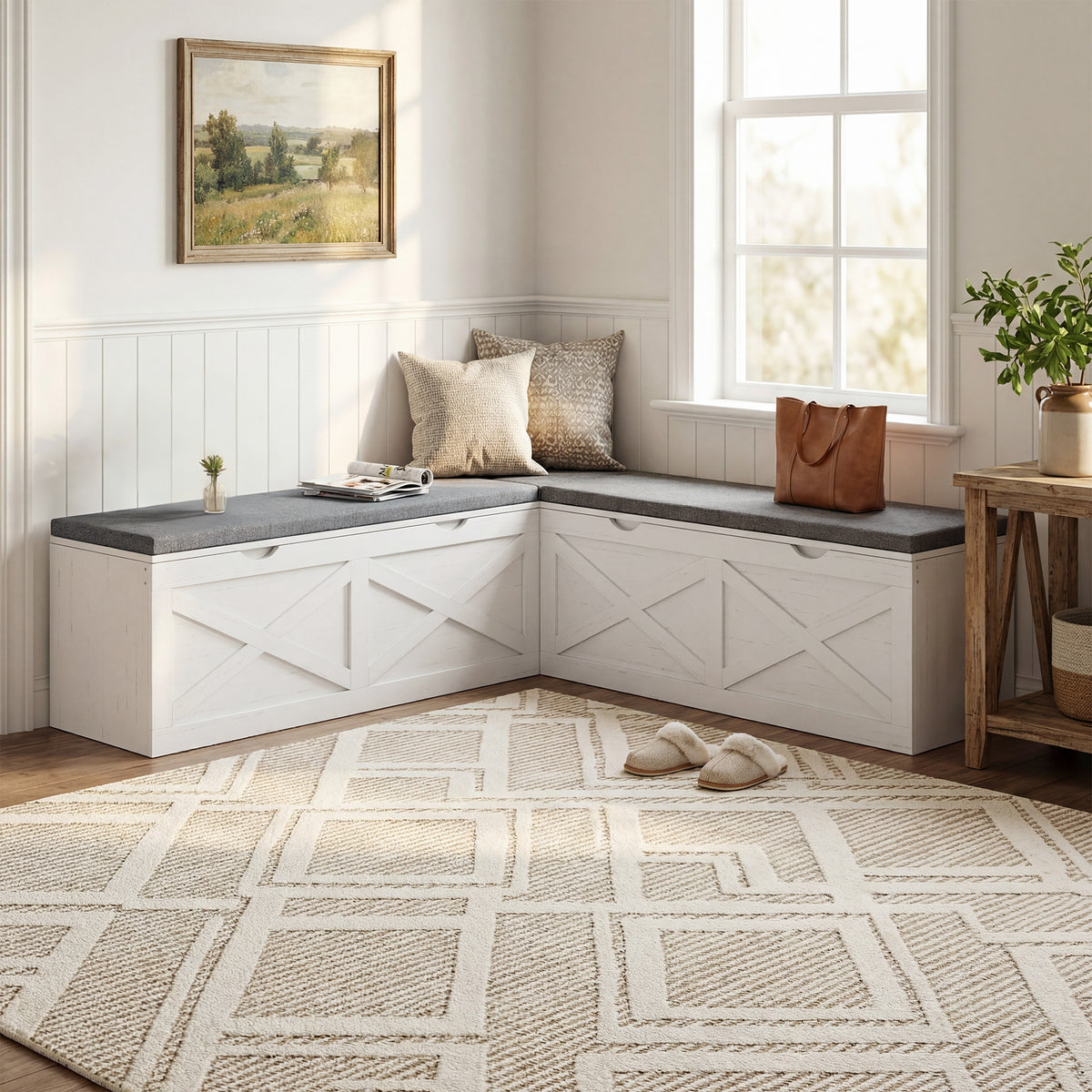 Modular L-Shaped Shoe Storage Bench - White Wood Grain-Home Furnishings > Storage & Organization > Shoe Storage Cabinets & Racks-DECOROLALA