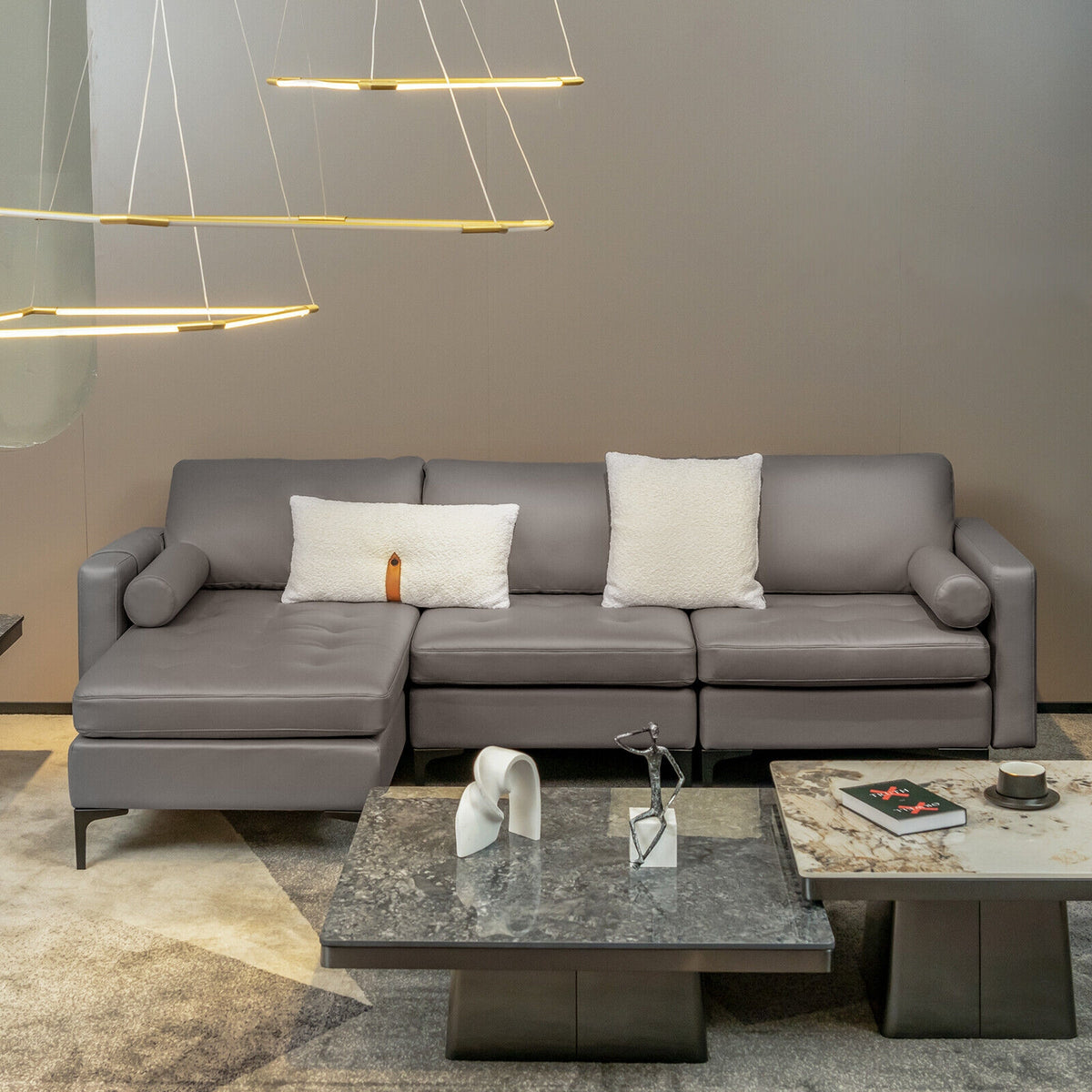 Modular L-shaped 3-Seat Sectional Sofa with Reversible Chaise and 2 USB Ports-Light Gray-Sofas & Loveseats-DECOROLALA