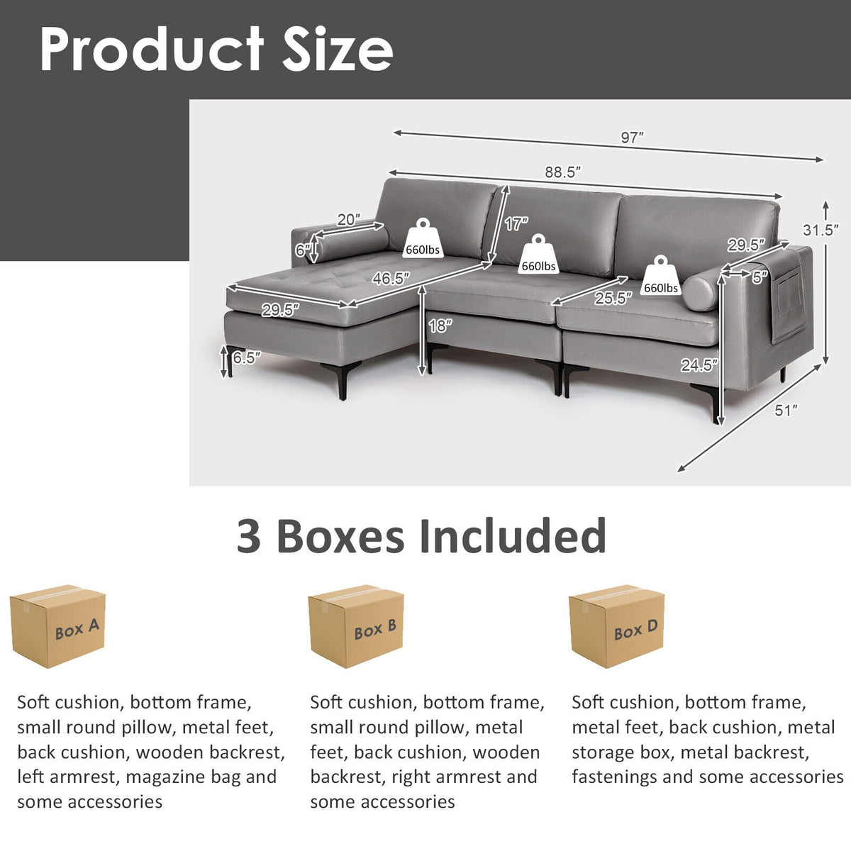 Modular L-shaped 3-Seat Sectional Sofa with Reversible Chaise and 2 USB Ports-Light Gray-Sofas & Loveseats-DECOROLALA