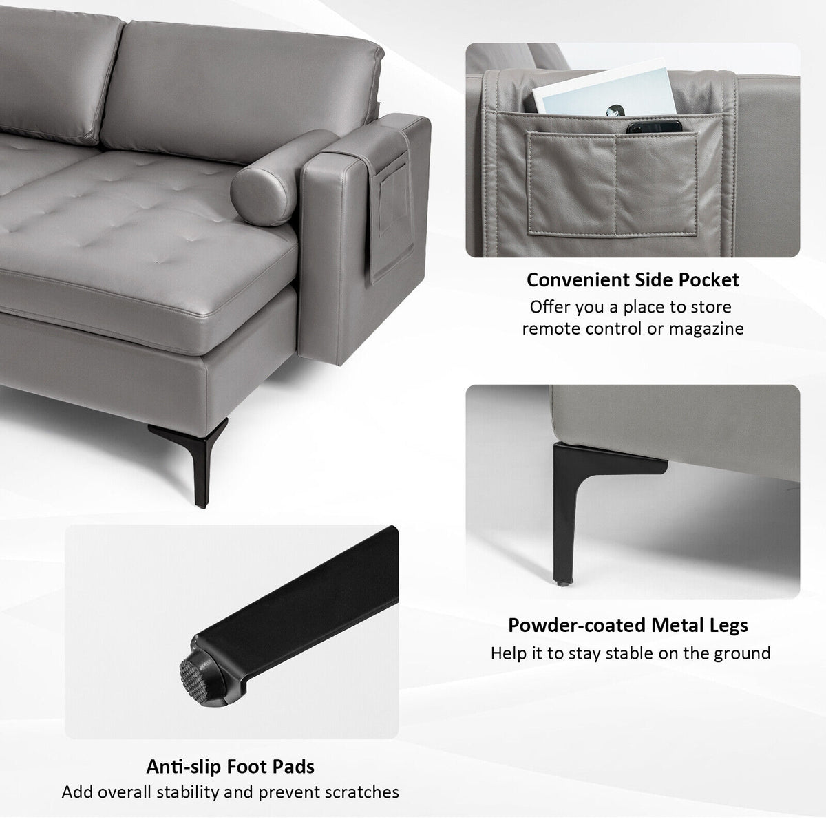 Modular L-shaped 3-Seat Sectional Sofa with Reversible Chaise and 2 USB Ports-Light Gray-Sofas & Loveseats-DECOROLALA