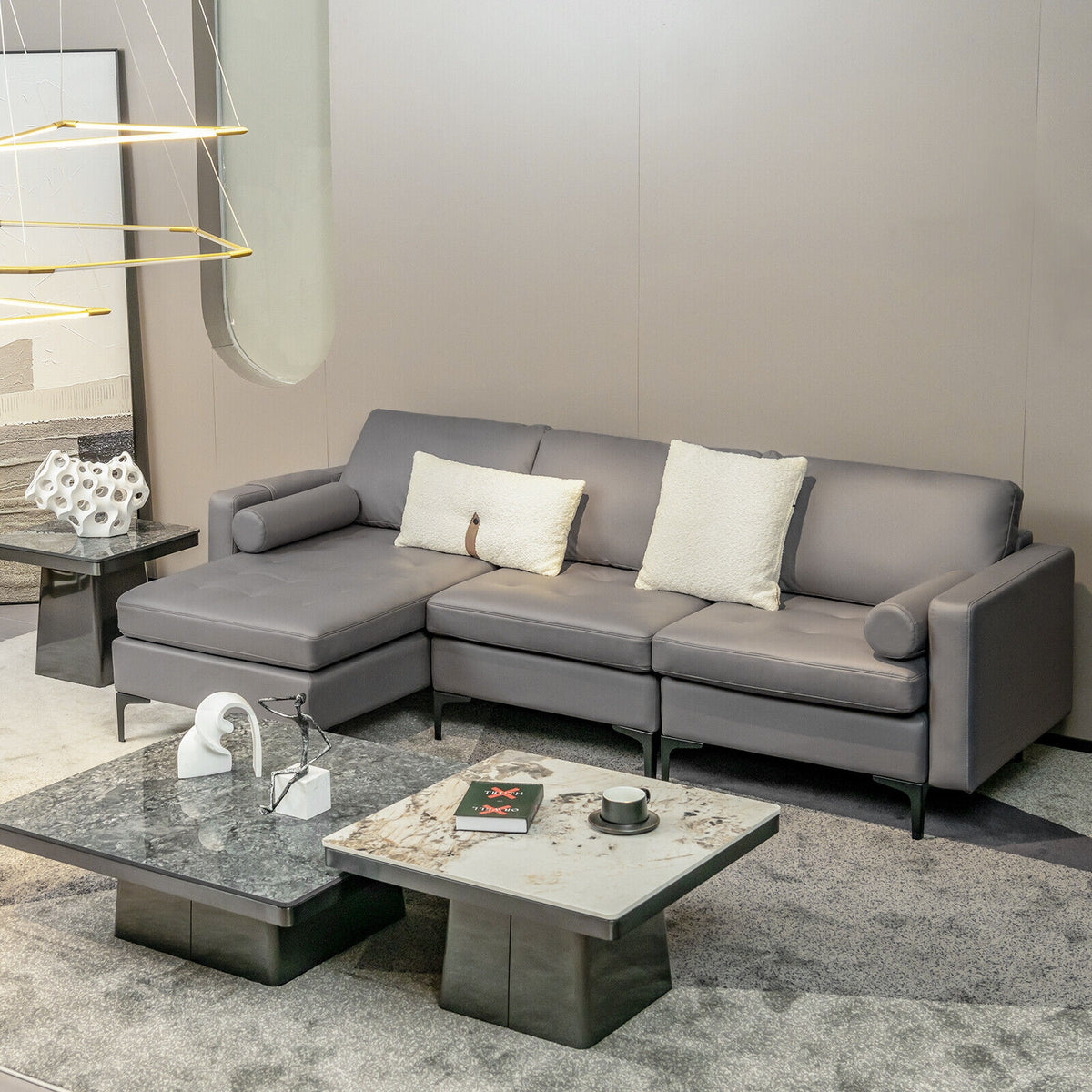 Modular L-shaped 3-Seat Sectional Sofa with Reversible Chaise and 2 USB Ports-Light Gray-Sofas & Loveseats-DECOROLALA