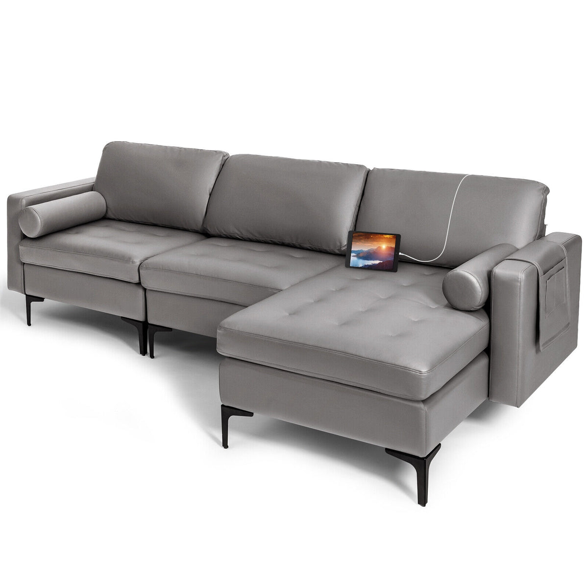 Modular L-shaped 3-Seat Sectional Sofa with Reversible Chaise and 2 USB Ports-Light Gray-Sofas & Loveseats-DECOROLALA