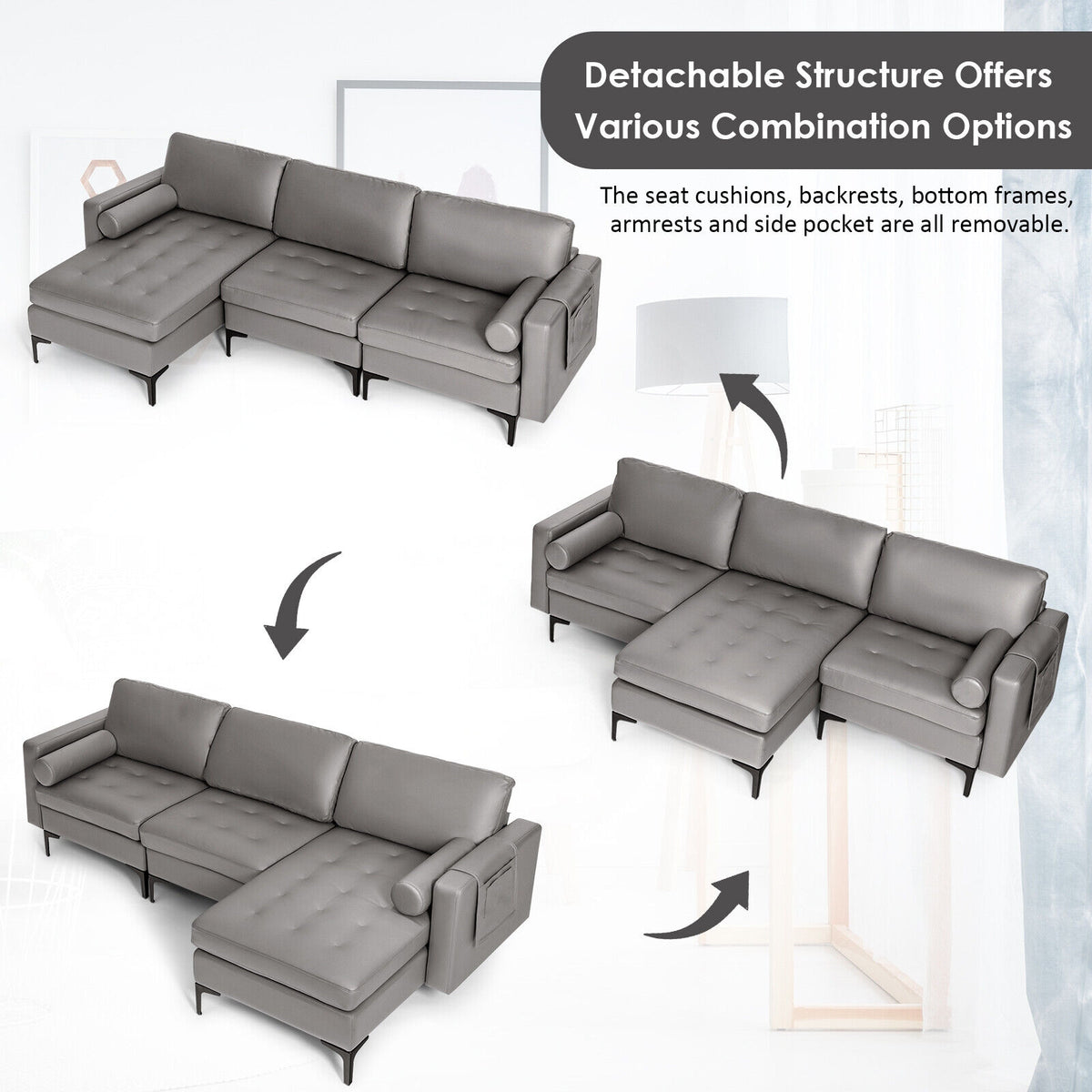 Modular L-shaped 3-Seat Sectional Sofa with Reversible Chaise and 2 USB Ports-Light Gray-Sofas & Loveseats-DECOROLALA