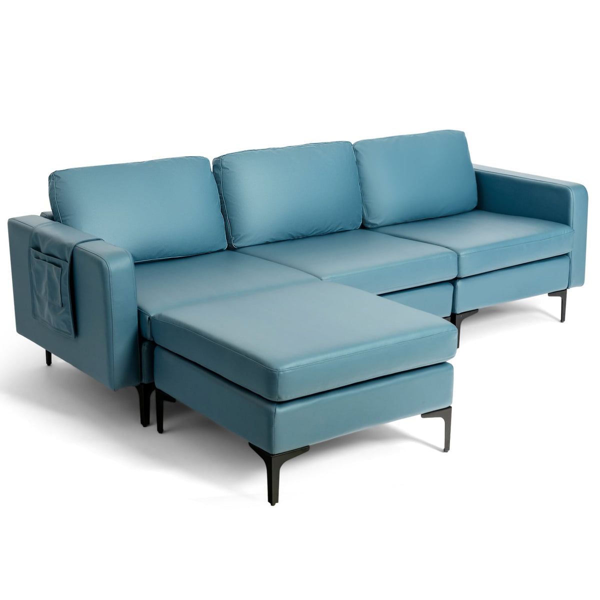 Modular L-shaped Sectional Sofa - Blue Leather with USB Ports-Sofas & Loveseats-DECOROLALA