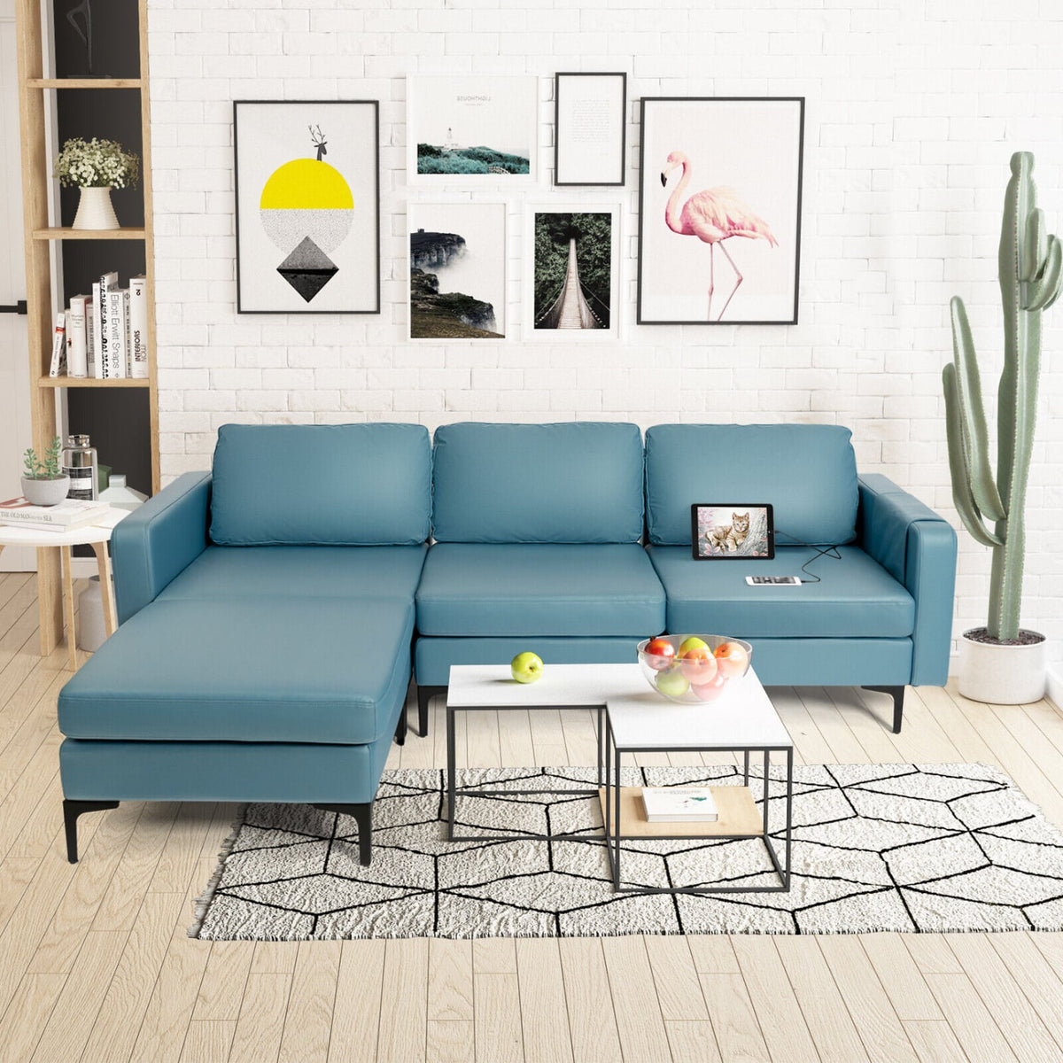 Modular L-shaped Sectional Sofa - Blue Leather with USB Ports-Sofas & Loveseats-DECOROLALA
