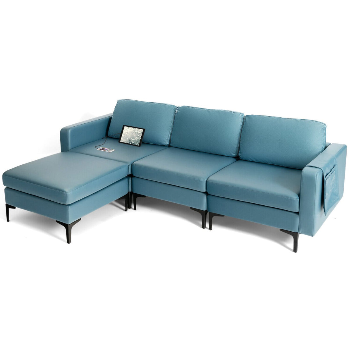 Modular L-shaped Sectional Sofa - Blue Leather with USB Ports-Sofas & Loveseats-DECOROLALA