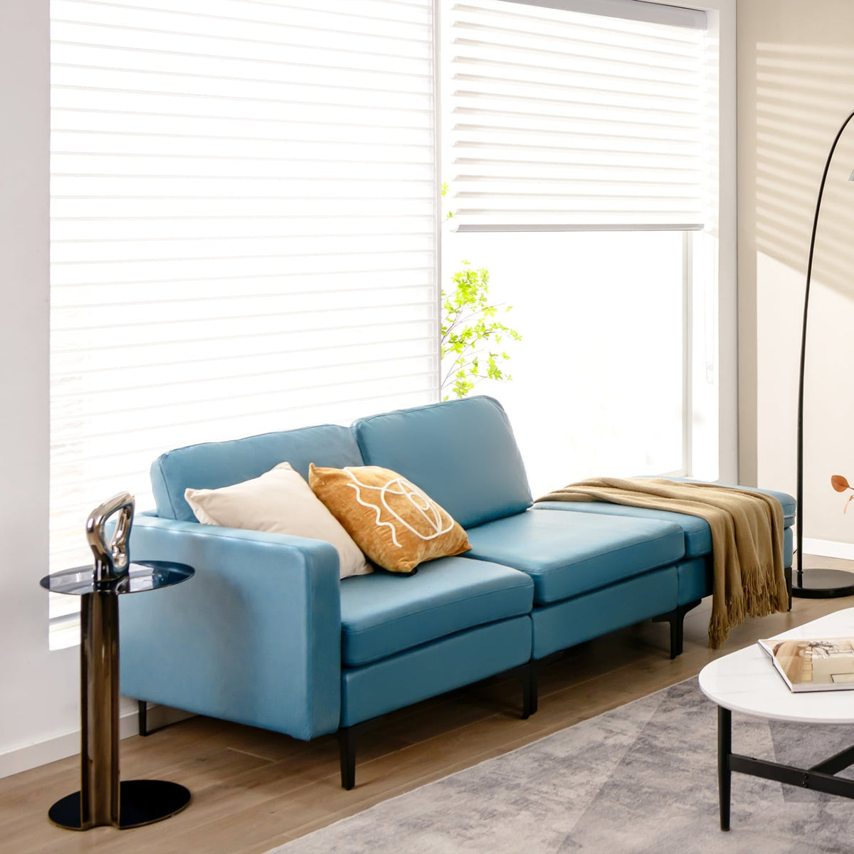 Modular L-shaped Sectional Sofa - Blue Leather with USB Ports-Sofas & Loveseats-DECOROLALA
