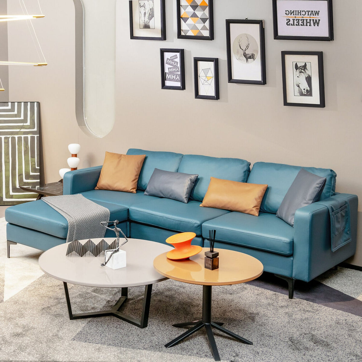 Modular L-shaped Sectional Sofa - Blue Leather with USB Ports-Sofas & Loveseats-DECOROLALA