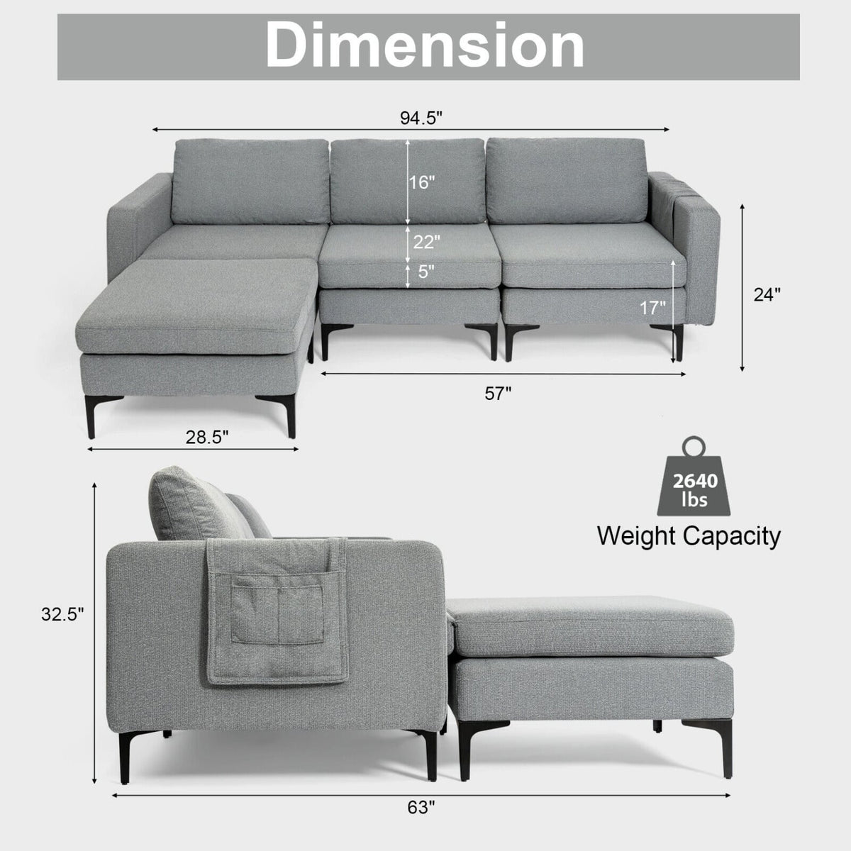 Modular L-shaped Sectional Sofa with Reversible Chaise - Dark Gray-Sofas & Loveseats-DECOROLALA
