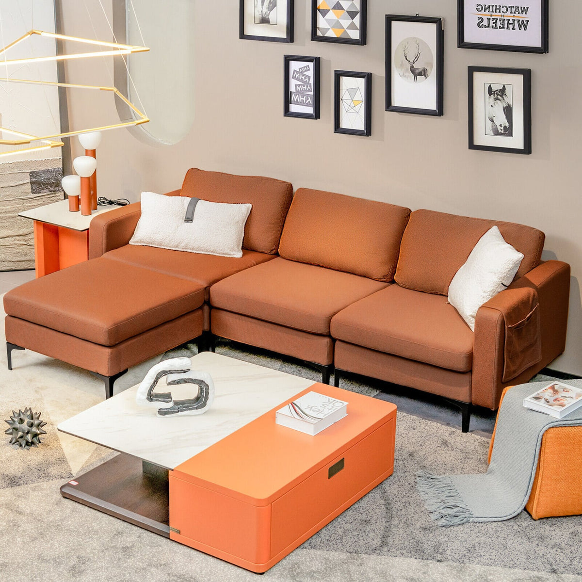 Modular L-shaped Sectional Sofa with Reversible Chaise - Orange-Sofas & Loveseats-DECOROLALA