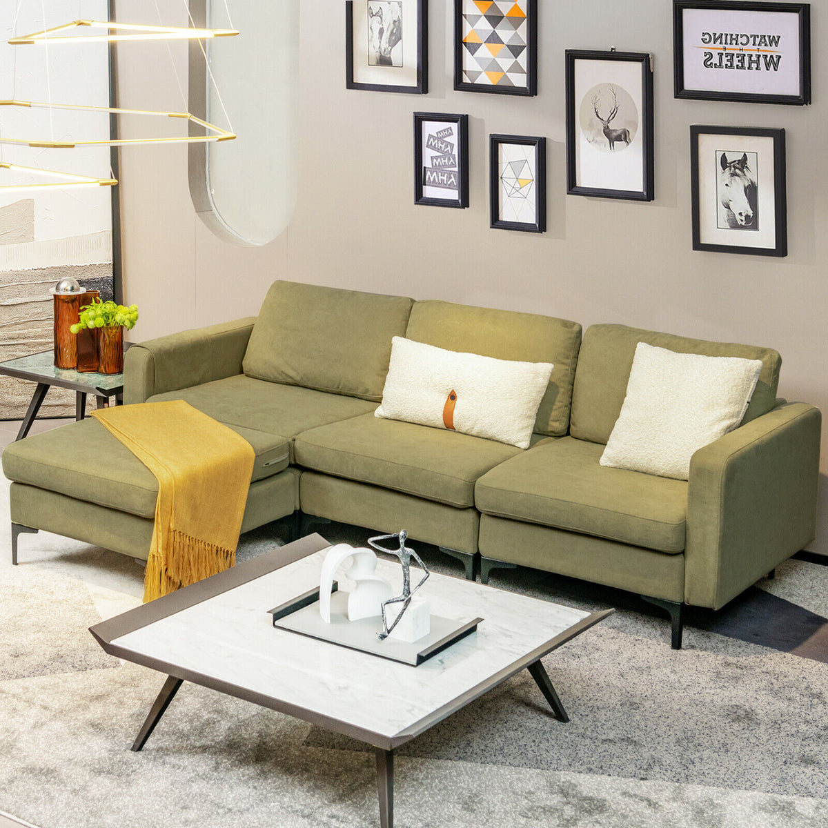 Modular L-shaped Sectional Sofa with Reversible Chaise and 2 USB Ports-Green-Sofas & Loveseats-DECOROLALA
